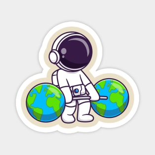 Cute Astronaut Lifting Earth Barbell Cartoon Magnet