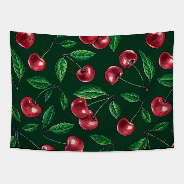 Red cherries on dark green Tapestry by katerinamk