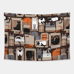 Purfect feline architecture // pattern // brown background cute cats in cardboard boxes Tapestry