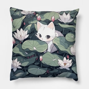 Cute white kitten in a field of lotus flowers Pillow