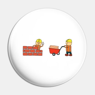 Kids drawing vector Illustration of construction workers building a brick wall and pushing wheelbarrow Pin