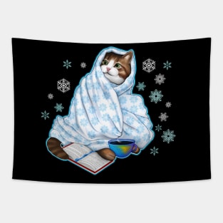 Cozy Xmas cat with book Tapestry