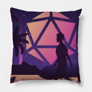 Synthwave Futuristic City Polyhedral D20 Dice Moon RPG Landscape Pillow