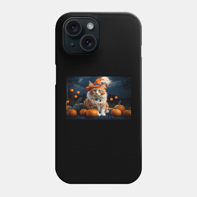 Lovely white and orange witch cat on Halloween night Phone Case by Love of animals