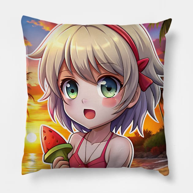 Anime Girl in Summer Beach Pillow by Anime Planet