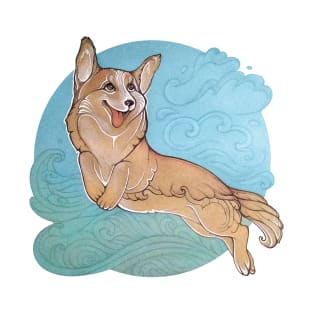 Corgi, flying in the clouds. Welsh Corgi, joyful and friendly dog. T-Shirt