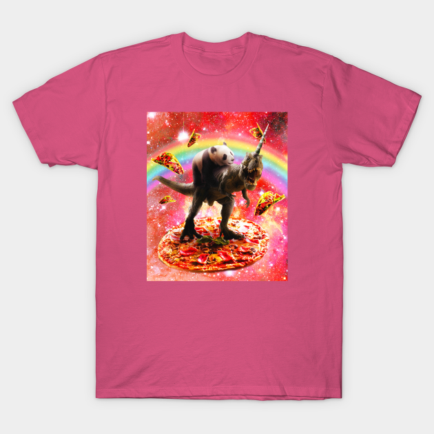 Panda Riding Unicorn Dinosaur on Pizza - T Rex - T-Shirt