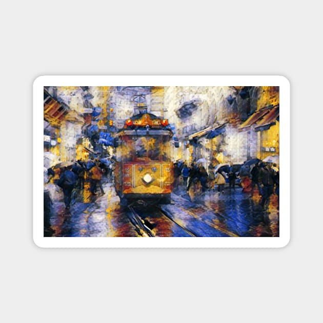 Tram on the road Painting Magnet by FullMoon