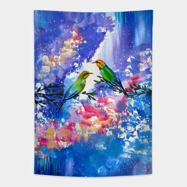Blue, Purple and Green Birds Tapestry by SheerJoy