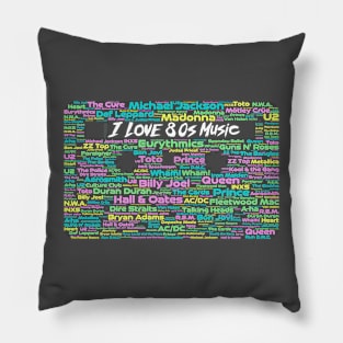 80s Music Wordcloud for Darker Backgrounds Pillow