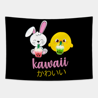 Kawaii cute anime bunny and duck drinking bubble tea Tapestry