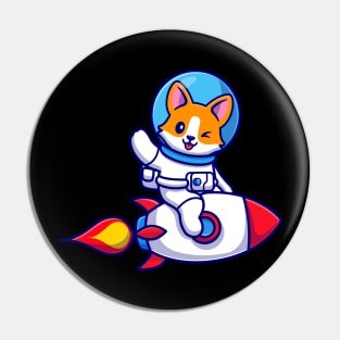 Cute Corgi Dog Astronaut Riding Rocket And Waving Hand Cartoon Pin