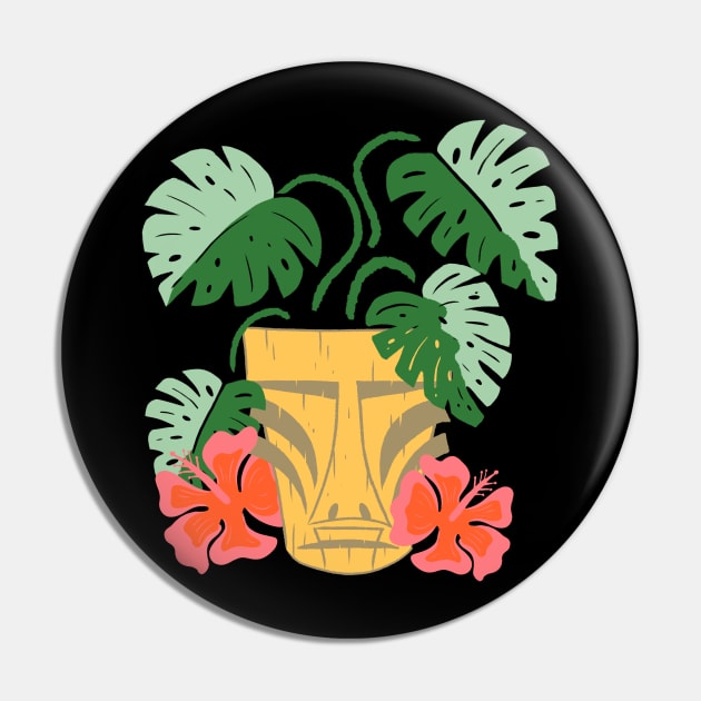 Potted Tiki Green Monstera Houseplant with Hibiscus Flowers Pin by ksrogersdesigns