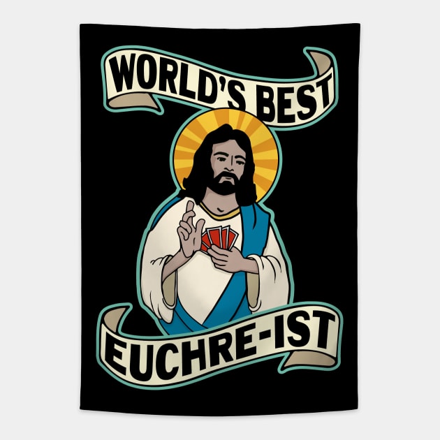 Funny Euchre World's Best Euchre-ist Jesus Pun Tapestry by Huhnerdieb Apparel