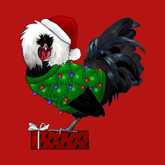 Black Polish Rooster In An Ugly Christmas Sweater And Santa Hat With Gift by Ashley D Wilson