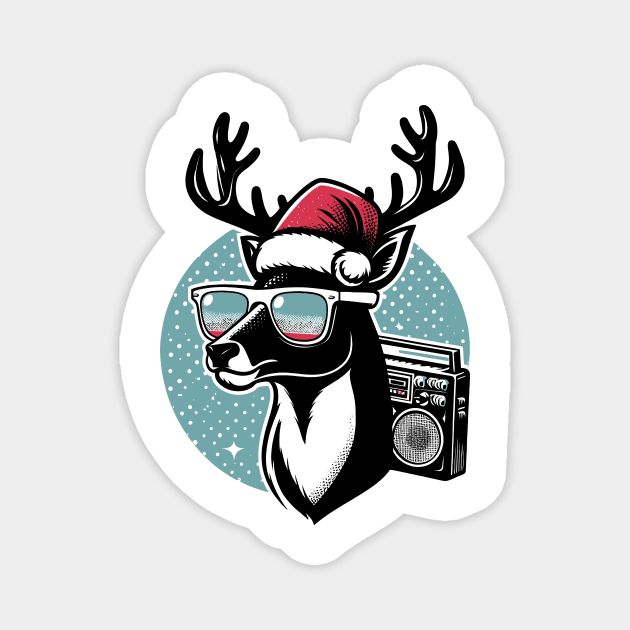 Retro Christmas Reindeer Santa Hat Magnet by Frank Ring