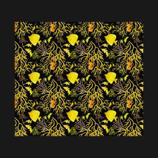 Yellow fish pattern black T-Shirt