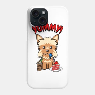 Cute yorkie dog is having coffee and cake Phone Case