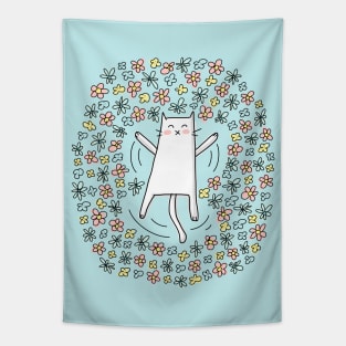 Cat Making Angel in Flowers Tapestry