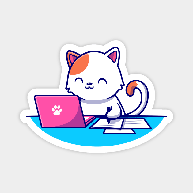 Cute Cat Working Laptop And Writing On Paper Magnet by Catalyst Labs