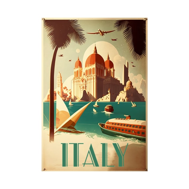 Italy Coastal Palace Vintage Travel Art Poster by OldTravelArt