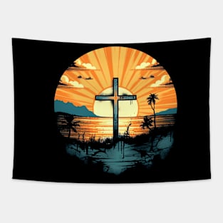 Christian Cross Retro Sunset Tapestry