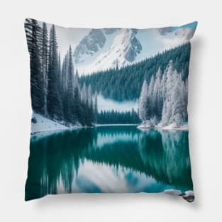 A pristine alpine lake nestled in the heart of snow-capped mountains. Pillow