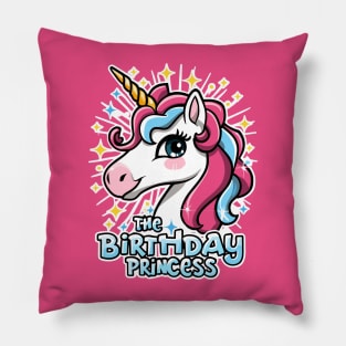 The Birthday Princess with vibrant kawaii Unicorn Pillow