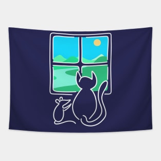 Cat and Mouse Window View WHITE OUTLINE Tapestry