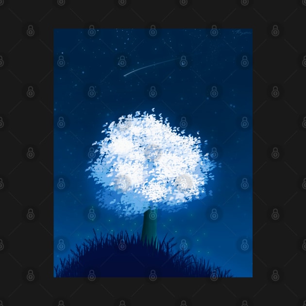 Nighttime Luminescent Glowing Tree Fantasy Scene - Beautiful Fireflies Anime Nature by DotNeko