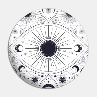 Magic pattern with constellations, sun, moon, magic eyes, hands and stars. Mystical esoteric background. Pin