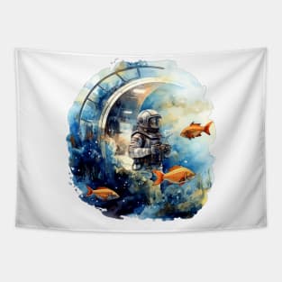 Space Explorer with Swimming Fish Tapestry