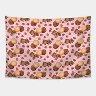 Cookies, chocolates and raspberries on pink background Tapestry