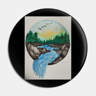 A flock of birds flying high above falling water Pin