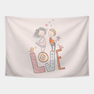 Big Love Cute Whimsically Drawn Girl and Boy Tapestry