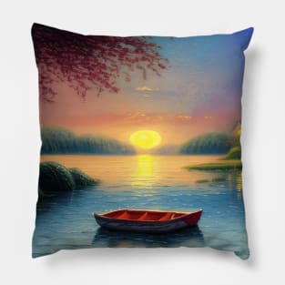 Lakeside Sunset Boat View Pillow