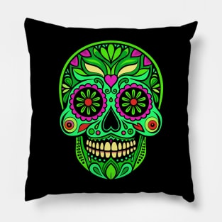 Neon Green Mexican Sugar Skull Pillow