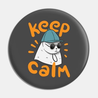 Illustration of a white cat wearing glasses and a hat "Keep Calm" Pin