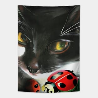 Cute Tuxedo Cat Nelson with Lady Bug Copyright TeAnne Tapestry