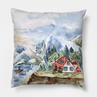 Mountain Landscape Watercolor painting Pillow