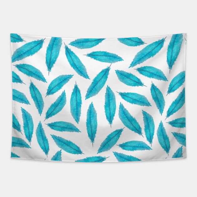 Blue watercolor feather pattern design Tapestry by ArtMorfic