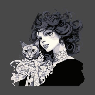 Woman and tabby cat (black and white) T-Shirt