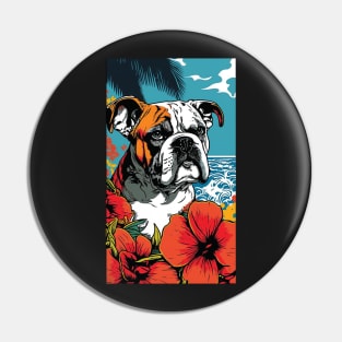 Bulldog Vibrant Tropical Flower Tall Retro Vintage Digital Pop Art Portrait 4 Pin