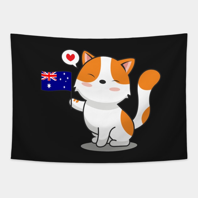 Cute Cat Holding Australia Flag Tapestry by Luna Illustration