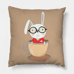 Cute Rabbit Nerd with Glasses and Coffee Cup Pillow