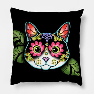 Tuxedo Cat - Day of the Dead Black and White Sugar Skull Kitty Pillow