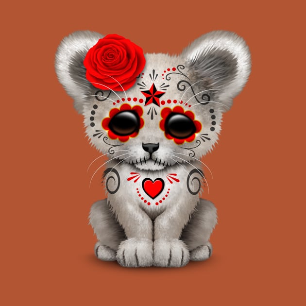 Red Day of the Dead Sugar Skull White Lion Cub by jeffbartels