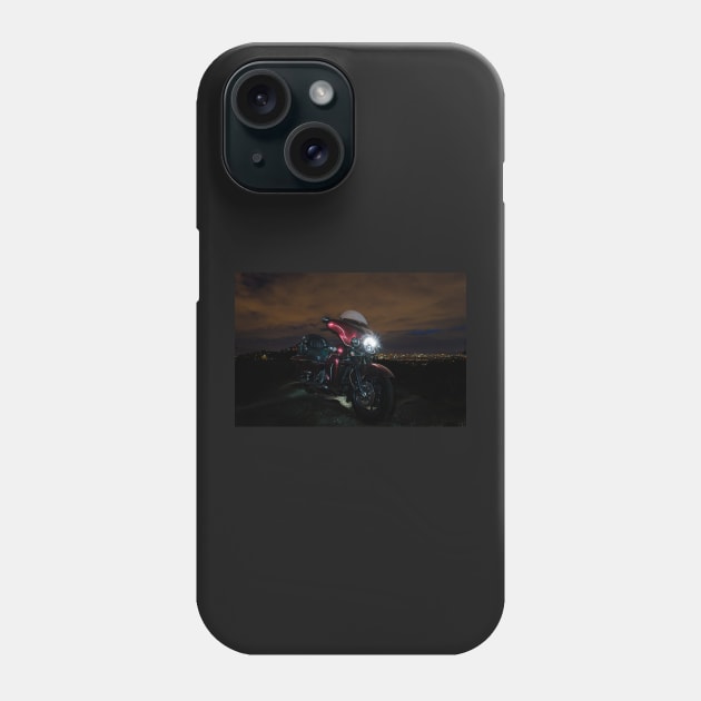 Big American touring motorcycle in Burgundy and Black on a city background at night Phone Case by TMaikousis