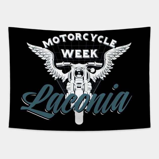 Laconia motorcycle week logo style - white and blue Tapestry by PincGeneral