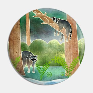 Cute Racoons in the Forest, Batik silk painting style Pin